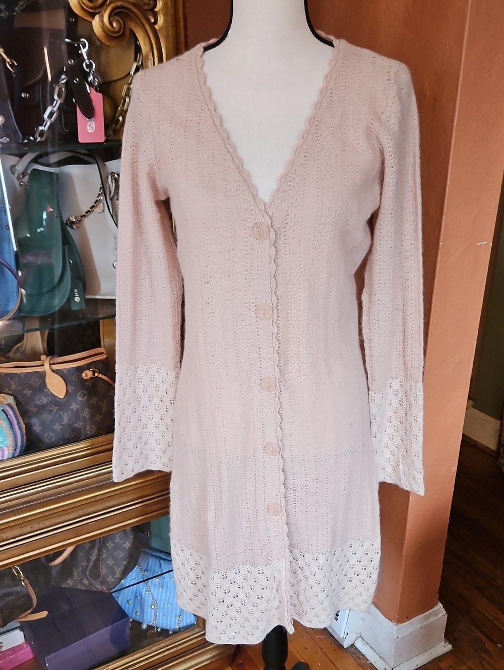 Light Creamy Tan Button-Front Woolblend Knit Cardigan Sweater